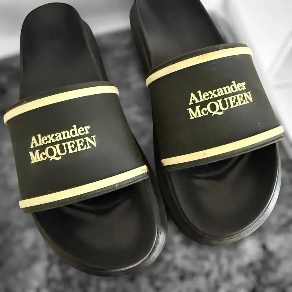 Alexander McQueen Black and Gold Slide Sandals